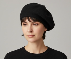 Woman with short hair wearing a wool angora knit beret