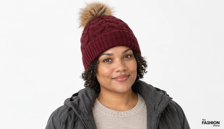 7 Best Winter Hats for Short Hair 12 Woman with short curly hair wearing a dark red YANIBEST cable-knit beanie with a tan faux-fur pom-pom