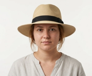 woman with a round face wearing a wide brim panama straw fedora hat