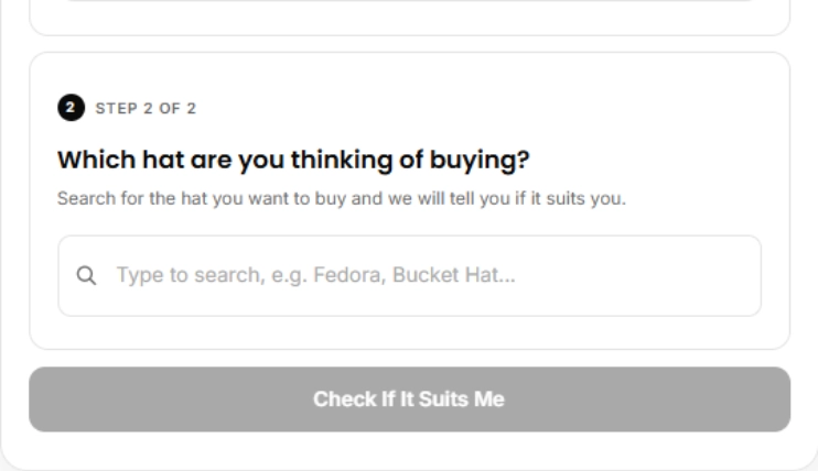 Hat Face Shape Checker 2 Searching for a hat in the Hat Face Shape Checker tool