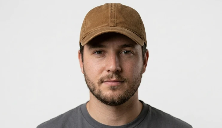 man with a round face wearing a canvas baseball cap
