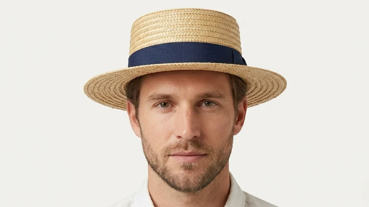 Man with an oval face wearing a straw boater hat with a medium wide brim showing why it is one of the best hats for oval faces with balanced shape and classic style