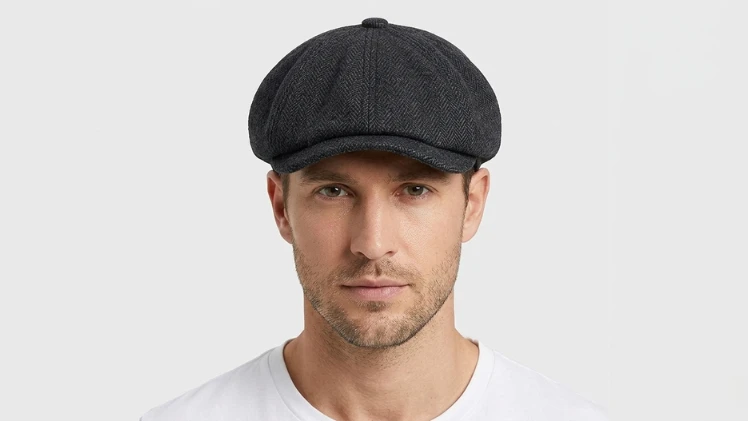 Man with an oval face wearing an 8 panel wool blend newsboy cap showing why it is one of the best hats for oval faces with balanced crown and short brim