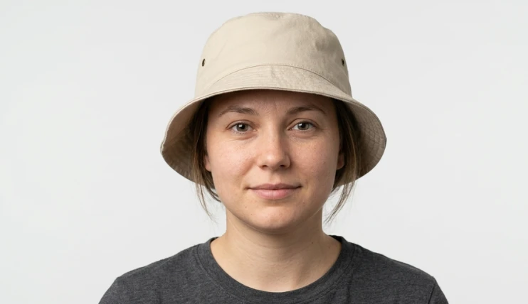 woman with a round face wearing a cotton bucket hat