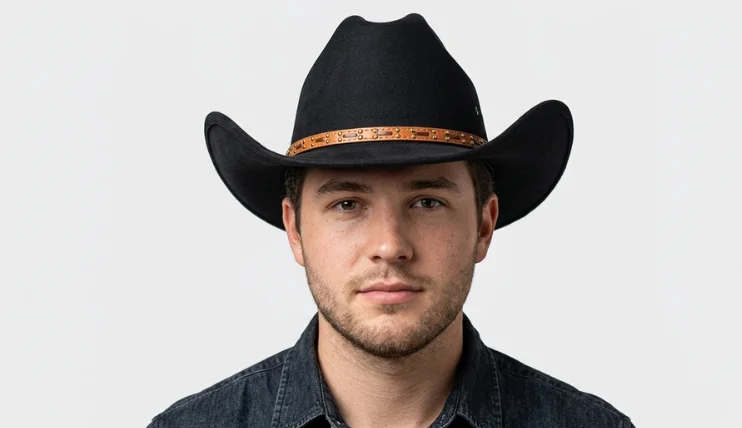 man with a round face wearing a cattleman wide brim western cowboy hat