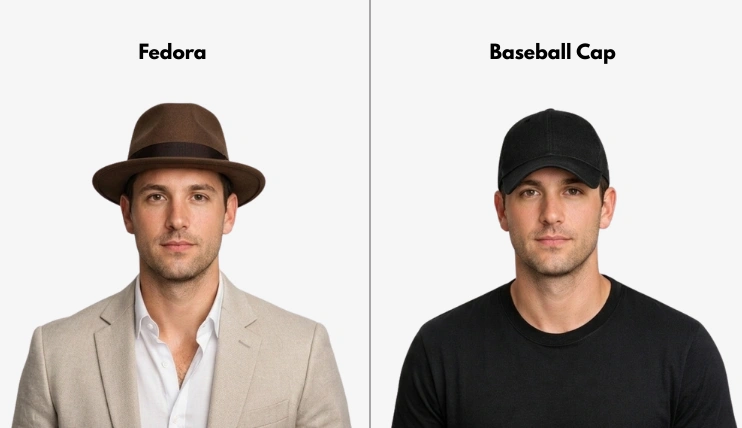 Side by side comparison of a man with an oval face wearing a baseball cap and a fedora showing fedora vs baseball cap for oval face style difference