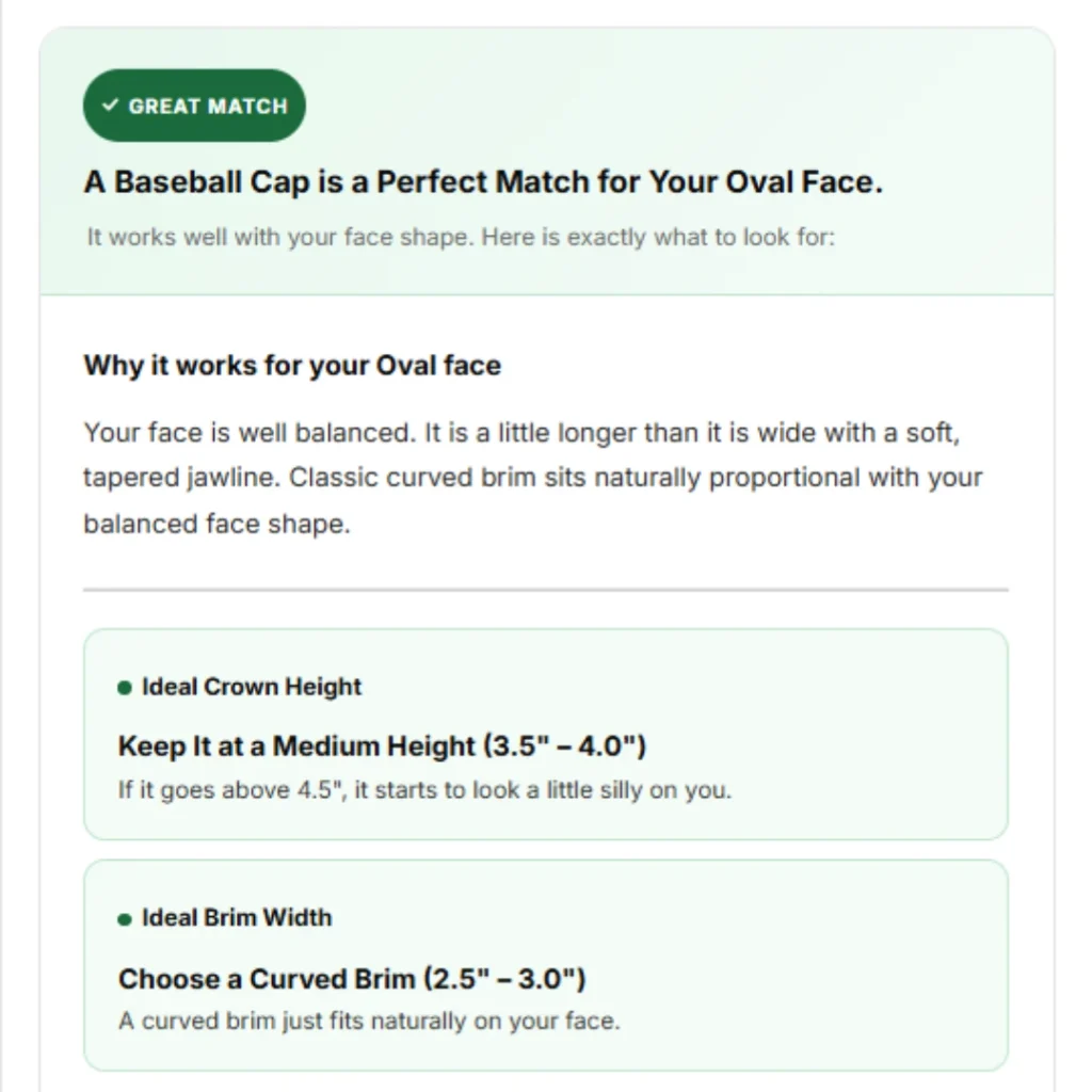 Hat Face Shape Checker 3 Hat Face Shape Checker result showing Baseball Cap suits an Oval face