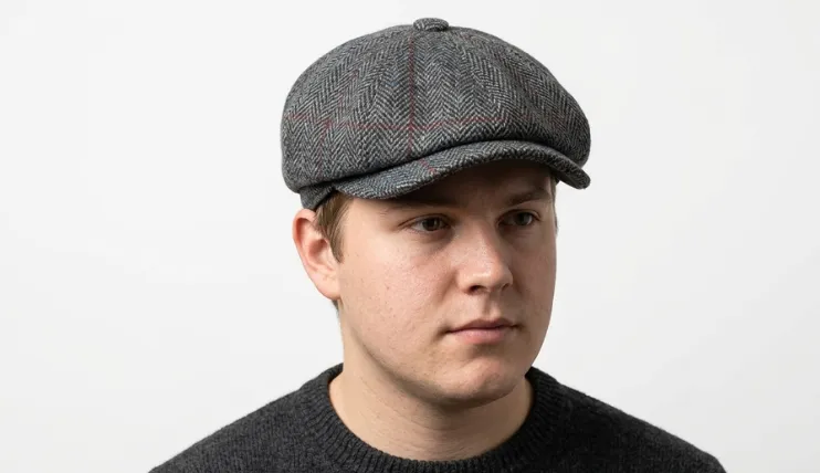 Man with a round face wearing a herringbone tweed newsboy flat cap