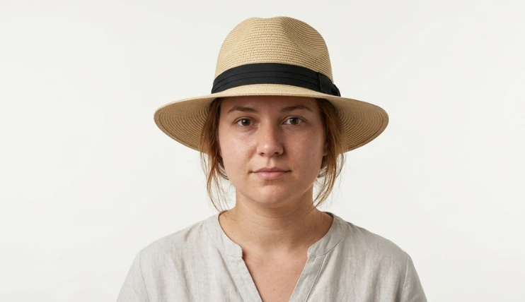 woman with a round face wearing a wide brim panama straw fedora hat