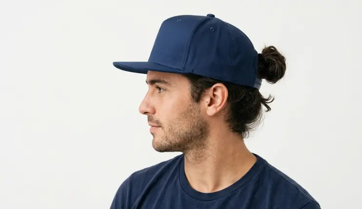 Man with long hair wearing a navy blue snapback hat forward, hair fed through back opening, side view, showing how to wear a snapback hat with long hair
