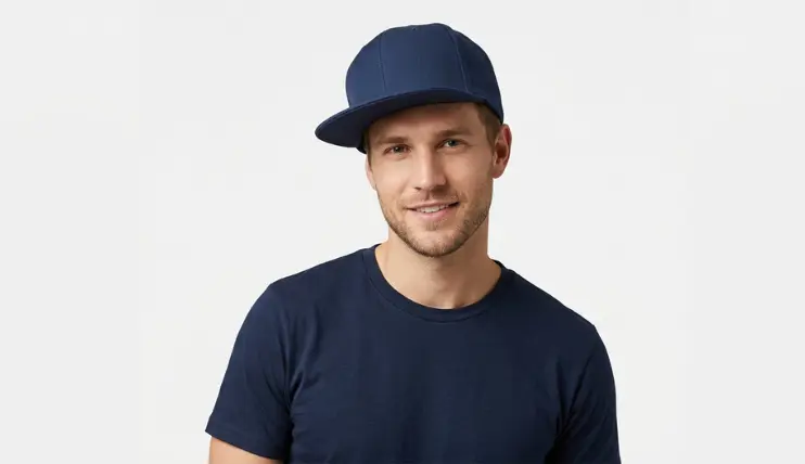 Man wearing a navy blue snapback hat slightly tilted to one side, showing stylish way to wear a snapback hat