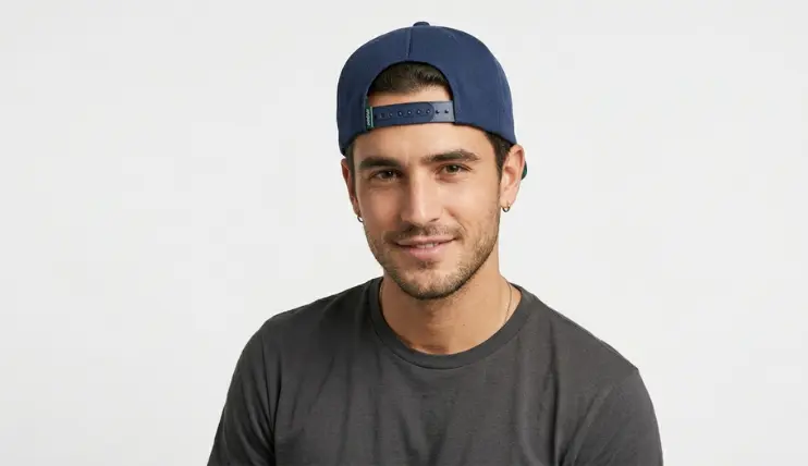 Man wearing a navy blue snapback hat backward on head, chest-up view, showing casual style of wearing a snapback hat