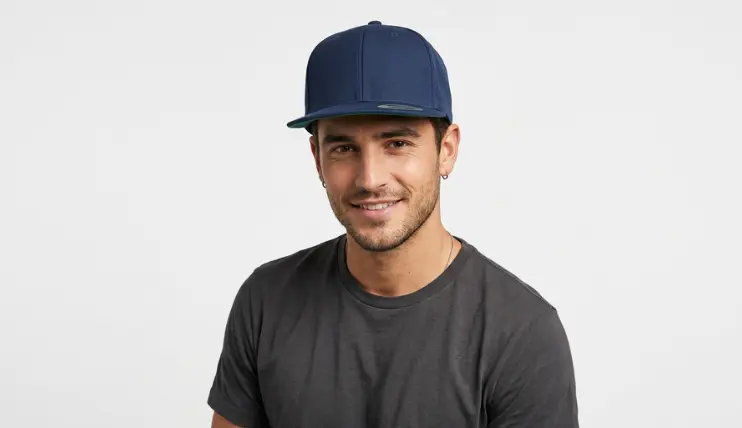 Young man wearing a navy blue snapback hat forward on head, showing how to wear a snapback hat