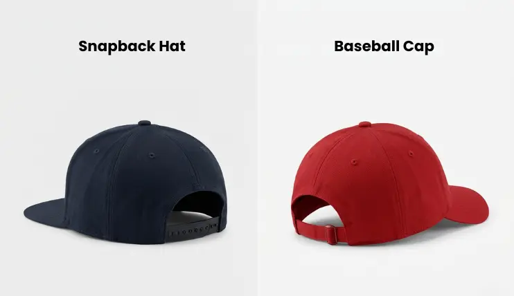 comparison of snapback and baseball cap showing flat brim and snap closure versus curved brim and adjustable strap