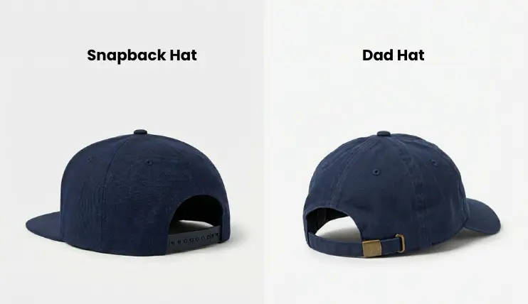 side-by-side comparison of a snapback hat with flat brim and structured front panel versus a dad hat with curved brim and soft unstructured front panel