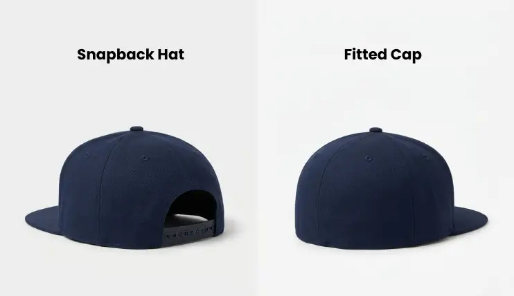 side-by-side comparison of a snapback hat with flat brim and snap closure versus a fitted hat with flat brim and no closure