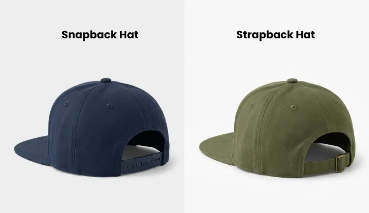 side-by-side comparison of a snapback hat with plastic snap closure and a strapback hat with fabric or leather strap and buckle