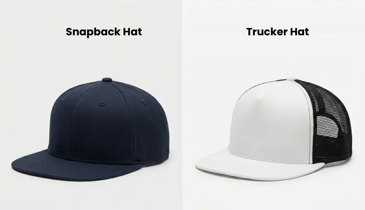 side-by-side comparison of a snapback hat with solid panels and a trucker hat with mesh back and foam front