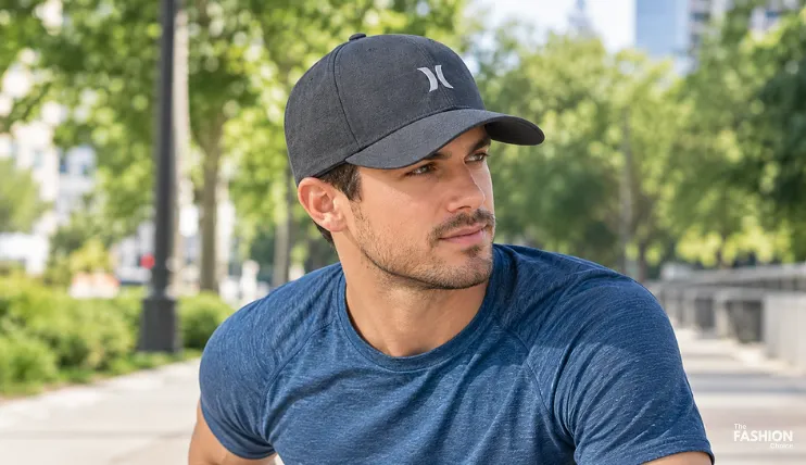 Man with a round face wearing a charcoal gray structured baseball cap during a morning walk in a suburban park.