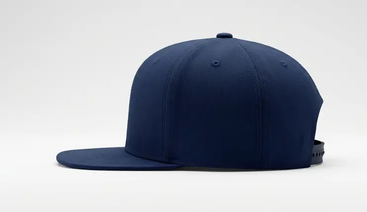 what is a snapback hat showing navy blue flat brim cap with adjustable snap closure at the back