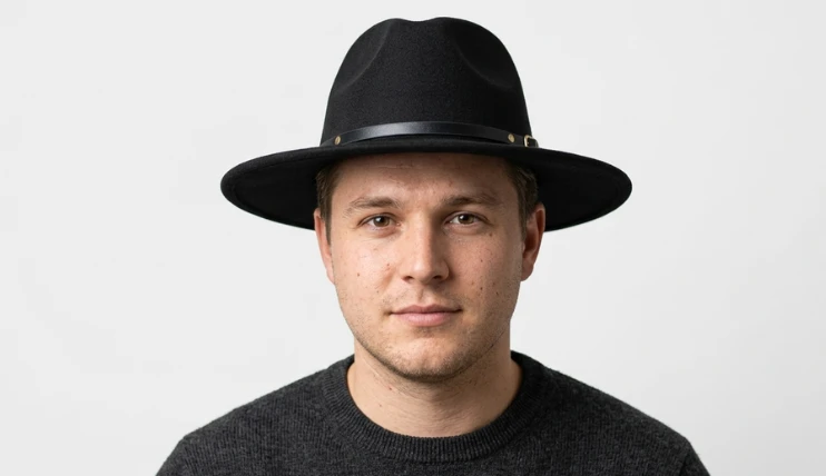 man with a round face wearing a wide brim fedora hat