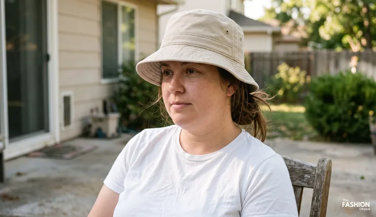 Woman with a round face wearing a beige cotton bucket hat while sitting on an outdoor patio.
