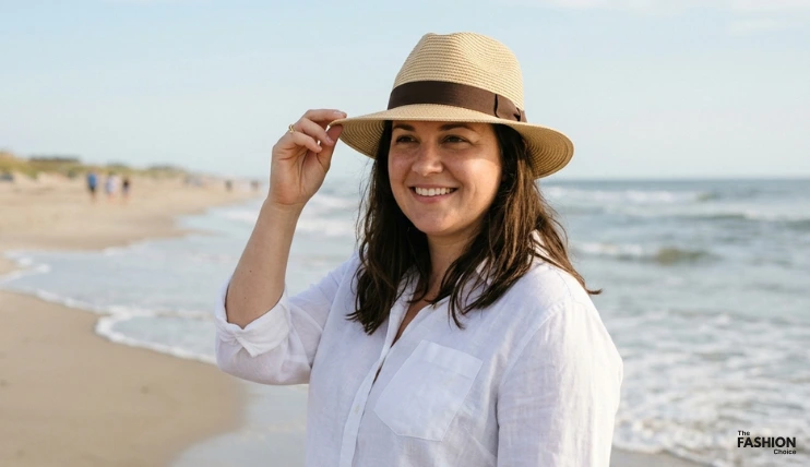 Woman with a round face wearing a beige wide-brim straw fedora hat at the beach.