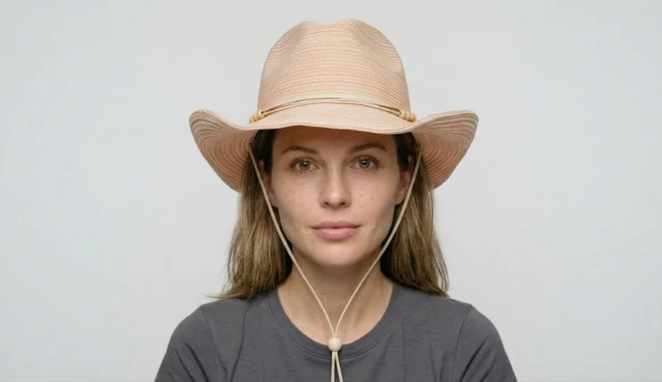Woman with a diamond face shape wearing a tan straw cowgirl hat with a chin strap.