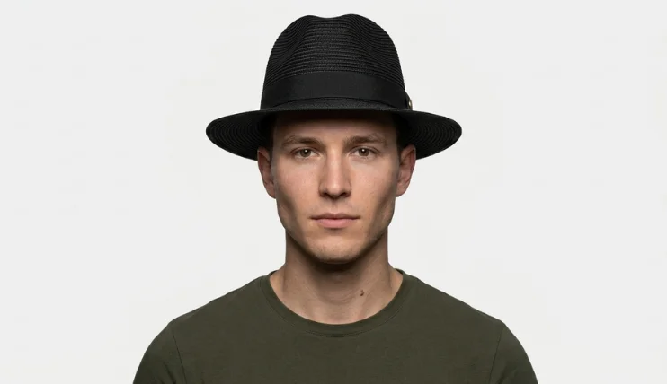 Man with a diamond face shape wearing a black fedora hat with a wide brim.