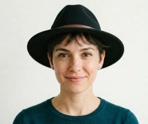 Woman wearing a black fedora hat with pixie cut