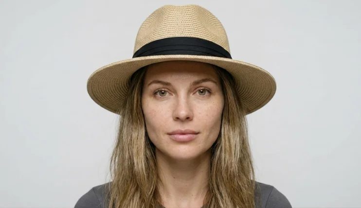 A woman with a diamond face shape wearing a tan Panama hat with a black band