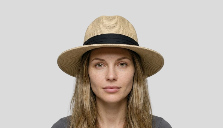 Home 7 A woman with a diamond face shape wearing a tan Panama hat with a medium brim to balance her features.