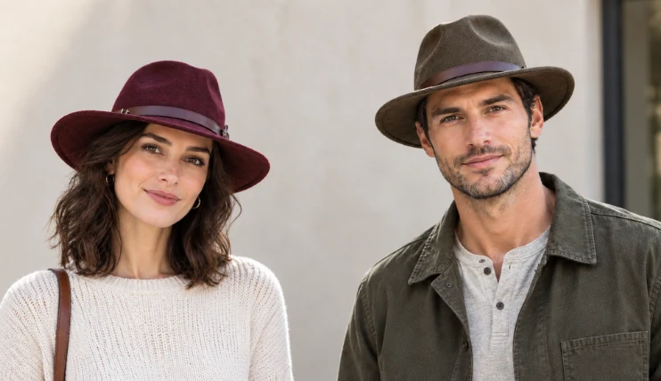 Woman and man wearing hats for heart-shaped faces