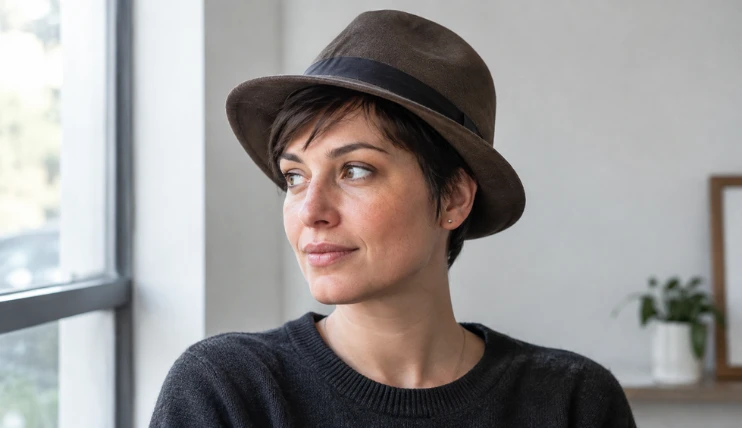 Woman with a pixie cut wearing a fedora hat