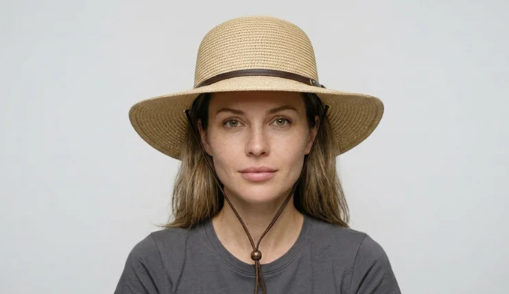 Woman with a diamond face shape wearing a straw sun hat with a wide brim and chin strap.