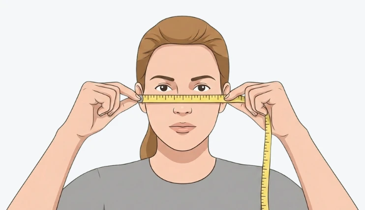 Person measuring cheekbone width with a tape placed across the widest part of the cheeks under the eyes