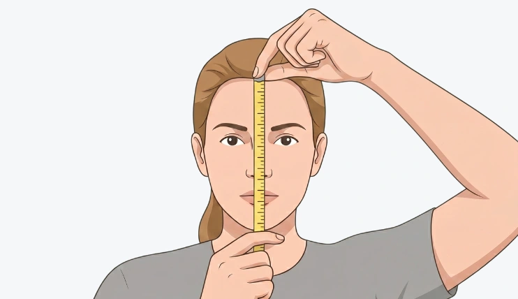 Person measuring face length from the center of the hairline to the tip of the chin with a vertical tape