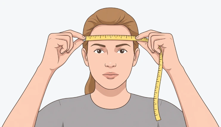 Person measuring forehead width with a measuring tape from one side of the hairline to the other