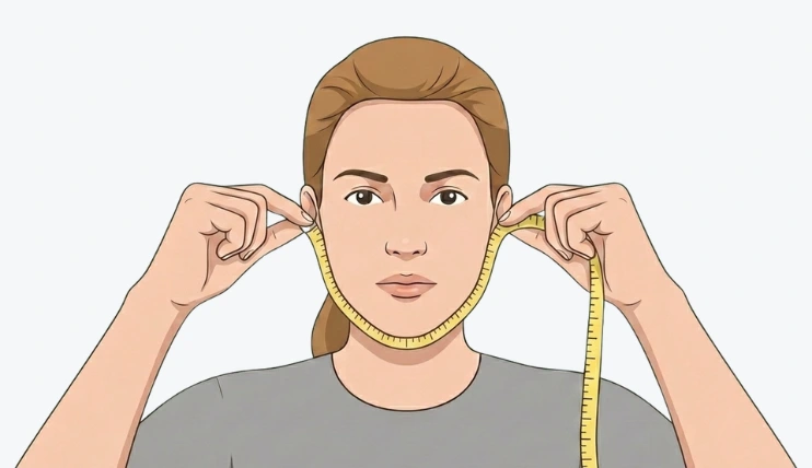 Person measuring jawline with a soft tape from below one ear, along the chin, to below the other ear
