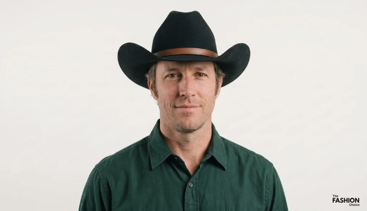 7 Best Hat Styles for Heart-Shaped Faces 17 Man with a heart-shaped face wearing a black cowboy hat with a brown leather hatband and a dark green shirt.