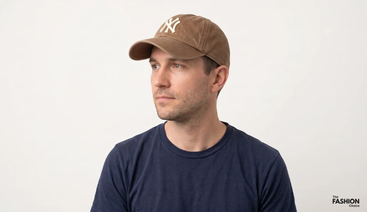7 Best Hat Styles for Heart-Shaped Faces 12 Man with a heart-shaped face wearing a brown baseball cap with a curved brim, photographed from a side angle.
