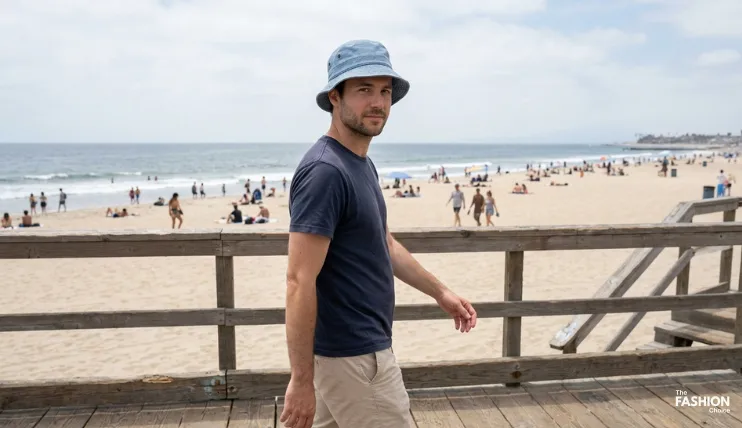 7 Best Hat Styles for Heart-Shaped Faces 15 Man with a heart-shaped face wearing a light denim-blue bucket hat while walking along a beach boardwalk.