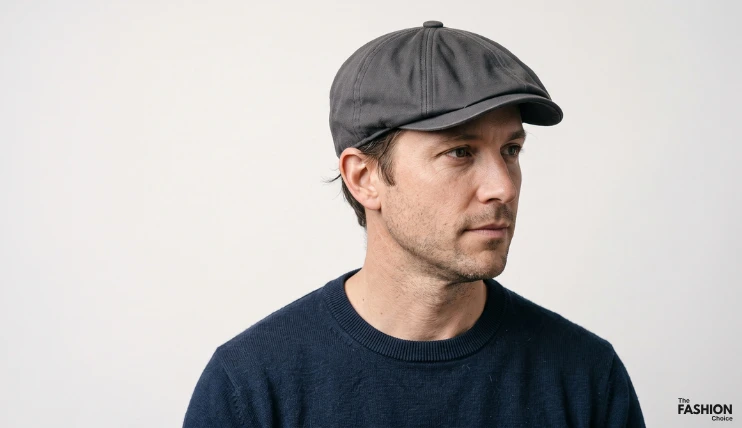7 Best Hat Styles for Heart-Shaped Faces 13 Man with a heart-shaped face wearing a charcoal-gray eight-panel newsboy cap, photographed from a side angle.