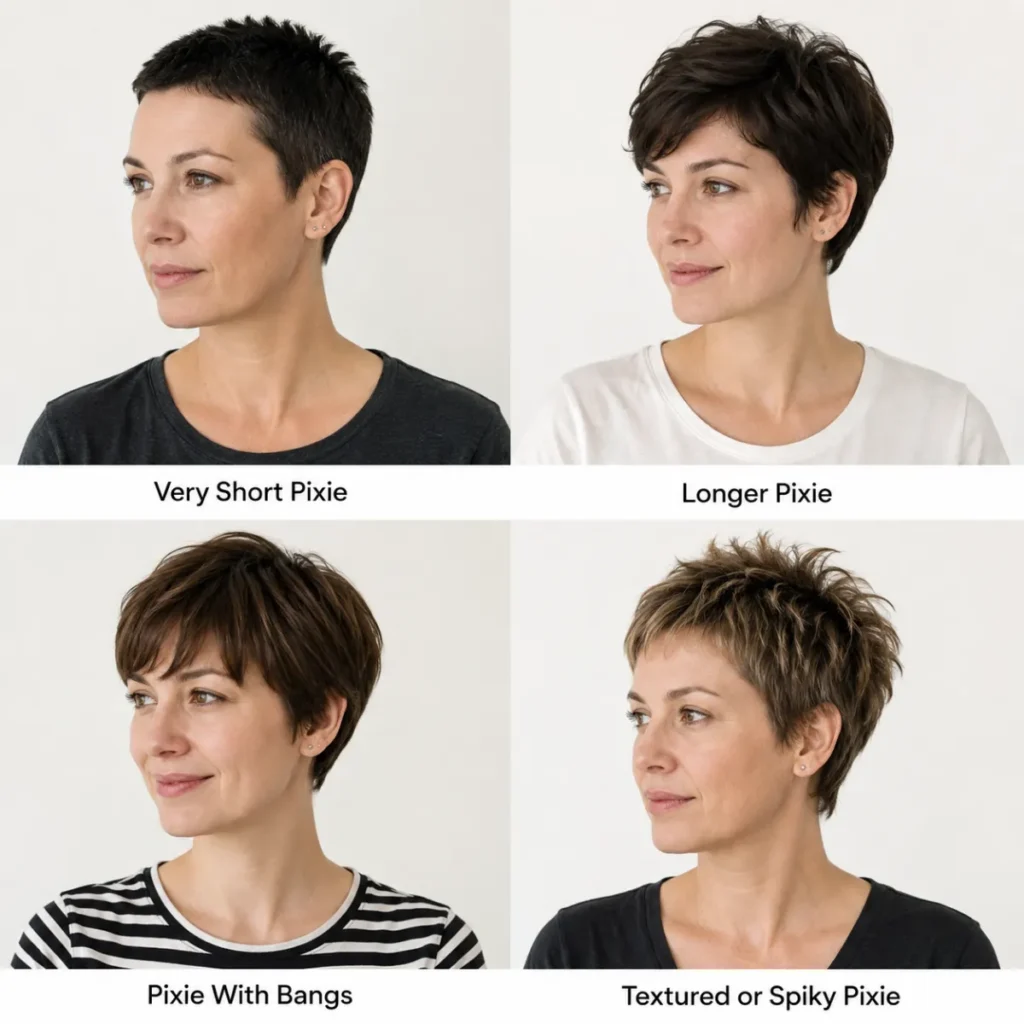 Best Hats for Pixie Cuts: 7 Styles for Short Hair 19 Four women showing different pixie cut types: very short pixie, longer pixie, pixie with bangs, and textured or spiky pixie