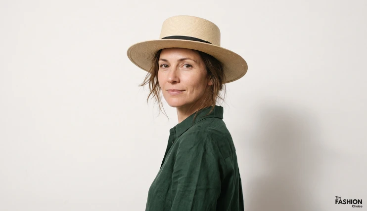 7 Best Hat Styles for Heart-Shaped Faces 14 Woman with a heart-shaped face wearing a beige straw boater hat with a flat crown and medium brim.