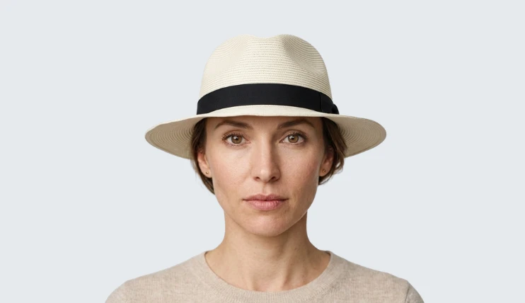 Woman with a heart-shaped face wearing a white straw fedora hat with a black ribbon.