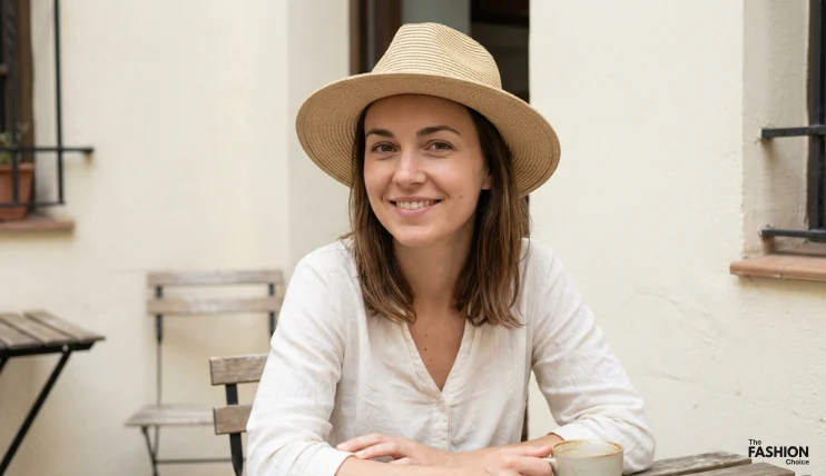 7 Best Hat Styles for Heart-Shaped Faces 11 Woman with a heart-shaped face wearing a beige straw fedora hat while sitting at an outdoor café.
