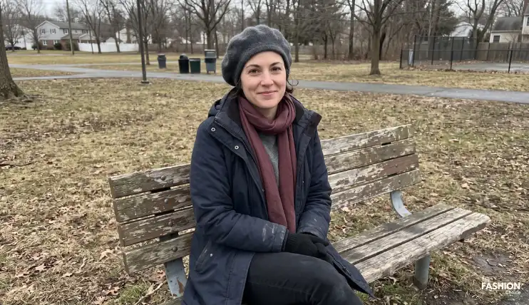 7 Best Hat Styles for Heart-Shaped Faces 16 Woman with a heart-shaped face wearing a charcoal-gray wool beret while sitting on a park bench in winter.