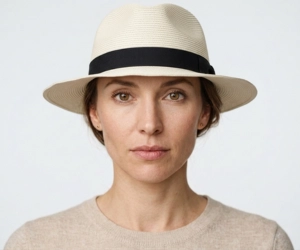 Woman with heart shaped face wearing a fedora hat