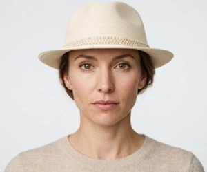 Women with heart shaped face wearing a snap brim fedora